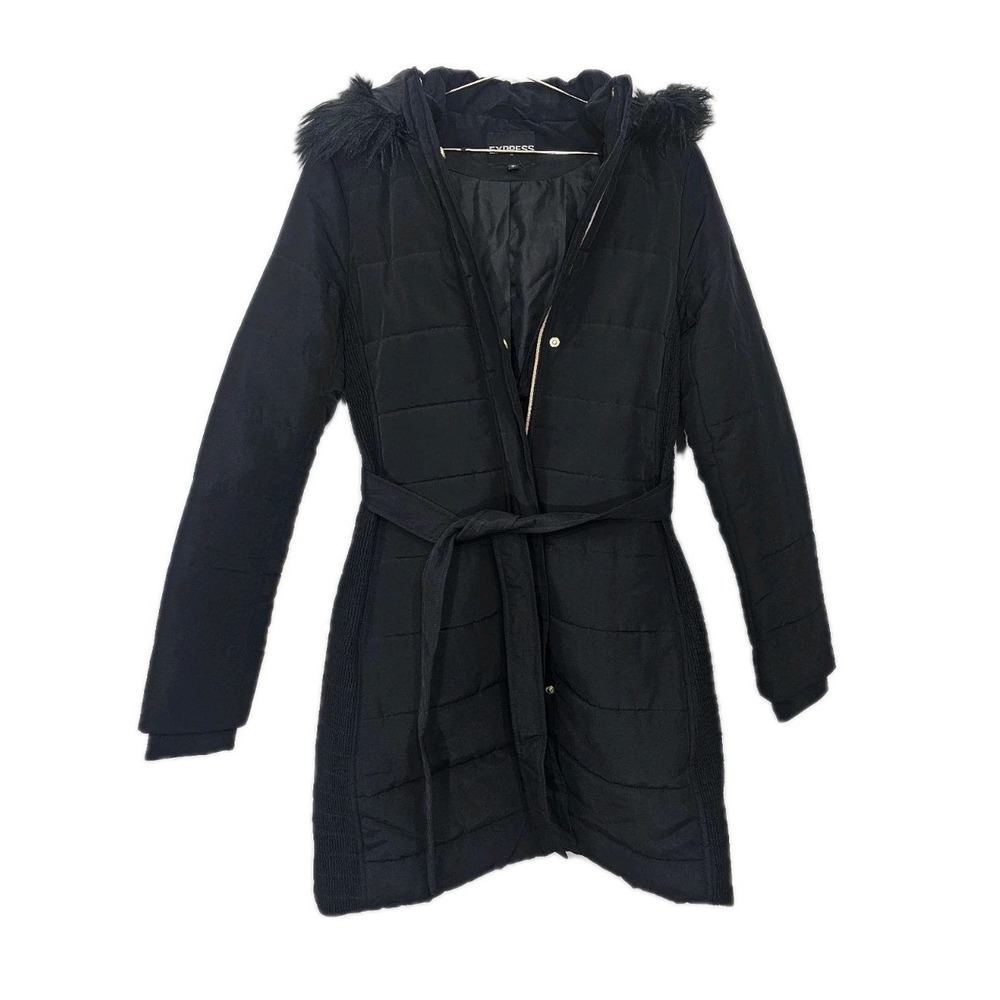 Express Women's Jacket Puffer Size M Long Black Button Up Zip Belted Hodeed